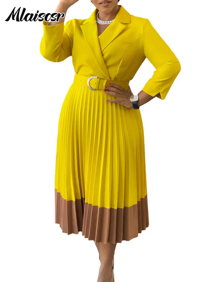 Elegant Long Sleeve Solid High Waist A Line Pleated Dress with Belt Women Office Lady  Birthday Evening Vestidos