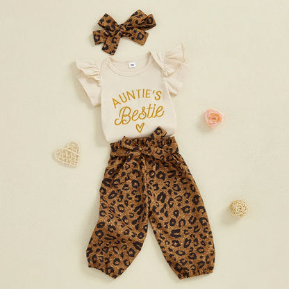 Baby Girls 3Pcs Auntie's Bestie Outfit Short Sleeve Letter Print Romper with Leopard Pattern Print Belted Pants and Headband Set