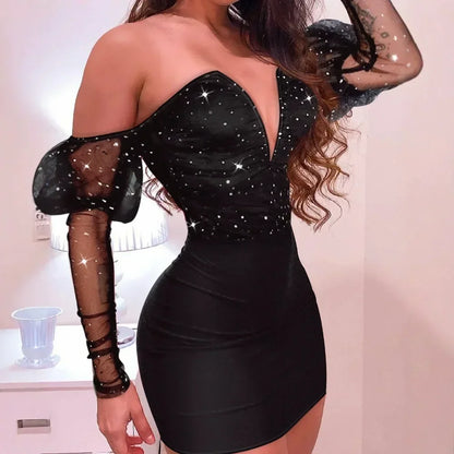 Women Strapless Mesh Splicing Long Sleeve Mini Dress Bodycon Fashion