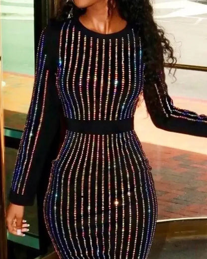 2026 Sequin Round Neck Women Dress Striped Solid Splice Party