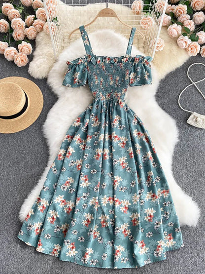 Summer 2026 Midi Dress Women Casual Off Shoulder Short Sleeve Vacation Beach Robe Female Clothing
