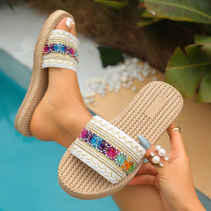 2026 New Summer Women Slippers Beach Fashion Sandals Ethnic Style Round Toe Casual Comfortable Flat Slippers Women Big Size 43