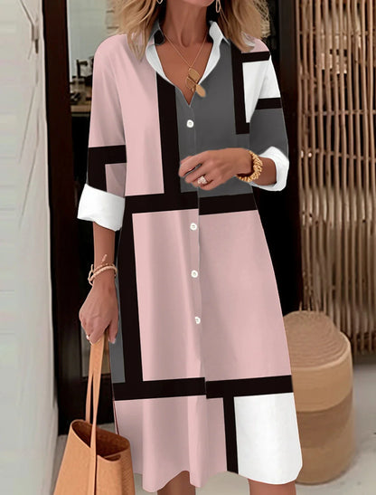 Autumn Elegant Long Sleeve Plaid Shirt Dress Flip Lapel Single Breasted Patchwork Dress Women's Comfortable Commuter Casual Robe