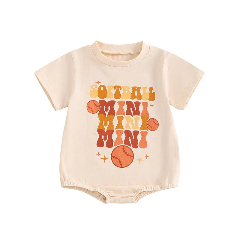 Baby Boys Girls Softball Mini Letter Baseball Print Romper Short Sleeve Round Neck Jumpsuit