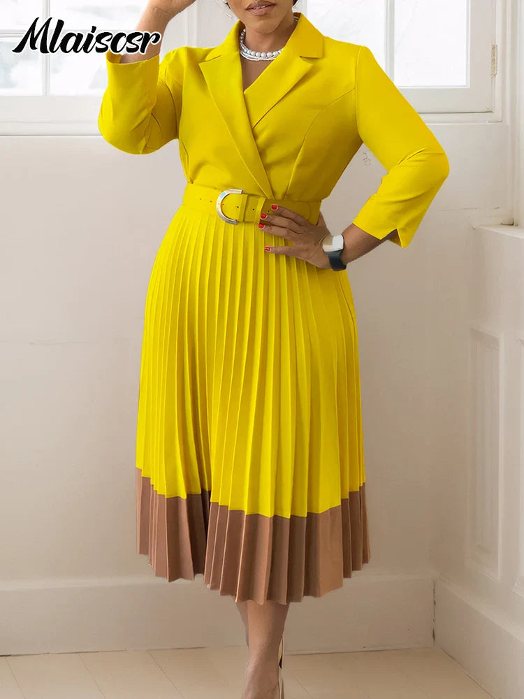 Elegant Long Sleeve Solid High Waist A Line Pleated Dress with Belt Women Office Lady  Birthday Evening Vestidos