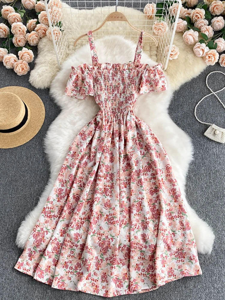 Summer 2026 Midi Dress Women Casual Off Shoulder Short Sleeve Vacation Beach Robe Female Clothing
