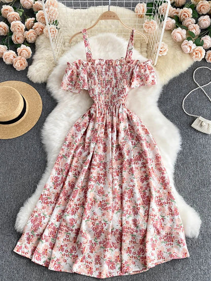 Summer 2026 Midi Dress Women Casual Off Shoulder Short Sleeve Vacation Beach Robe Female Clothing