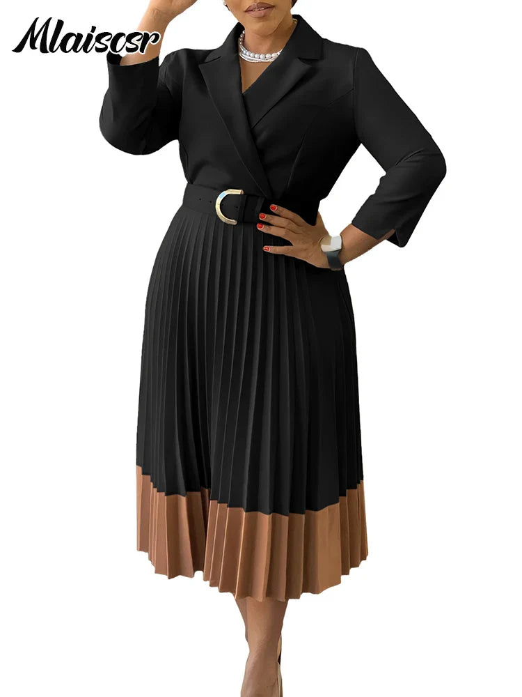 Elegant Long Sleeve Solid High Waist A Line Pleated Dress with Belt Women Office Lady  Birthday Evening Vestidos