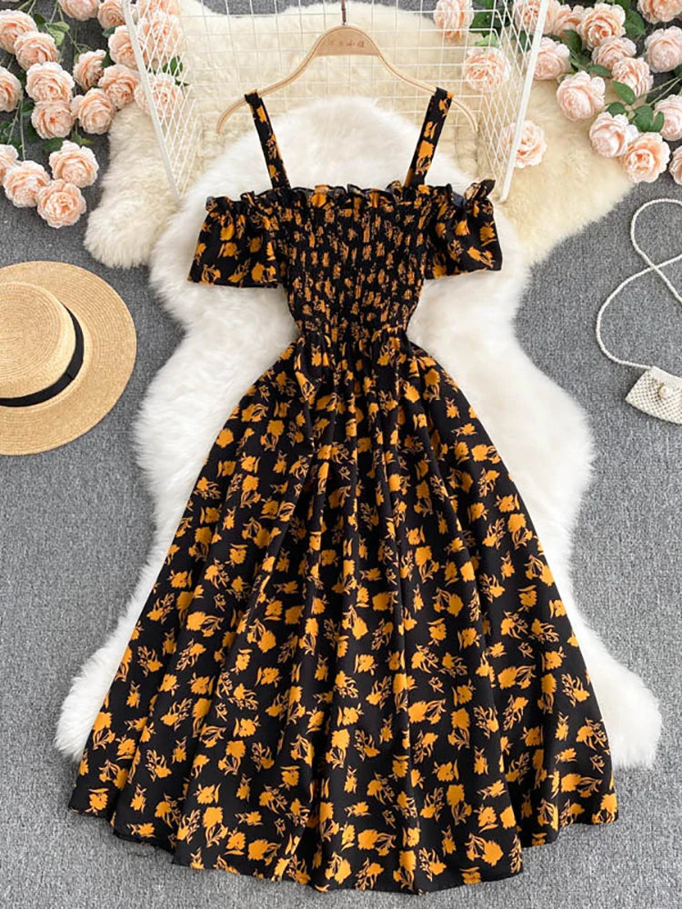 Summer 2026 Midi Dress Women Casual Off Shoulder Short Sleeve Vacation Beach Robe Female Clothing