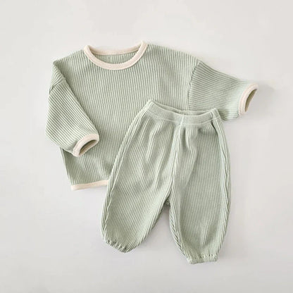 Baby Boys Girls 2Pcs Long Sleeve Waffle Cotton Pullover Crewneck Top + Pants Jogger Set Outfit