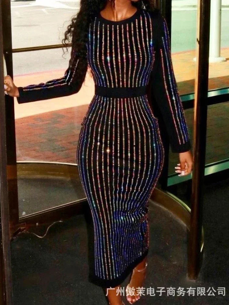 2026 Sequin Round Neck Women Dress Striped Solid Splice Party