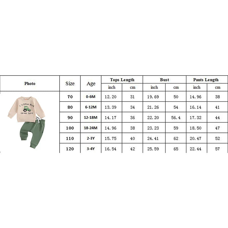 Baby Toddler Boys 2Pcs Fall A Litte Dirt Never Hurt Letter Tractor Print Long Sleeve Round Neck Top Drawstring Pocket Long Pants Outfit Set