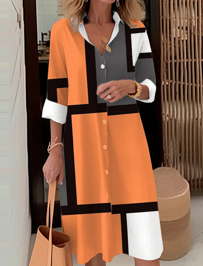 Autumn Elegant Long Sleeve Plaid Shirt Dress Flip Lapel Single Breasted Patchwork Dress Women's Comfortable Commuter Casual Robe