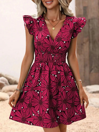 Fashion V-Neck Printed Dress Women's Petal Sleeve Mini Dresses Summer Party A-Line Dress Vestidos