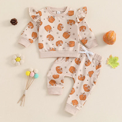 Baby Toddler Girl 2Pcs Halloween Outfit Pumpkin Print Long Sleeve Top with Elastic Waist Pants Set