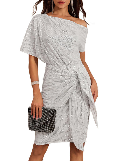 ✨Women's Sequin Sparkly Glitter One Shoulder Ruched Bodycon Dress(Last day 50% OFF!!!)