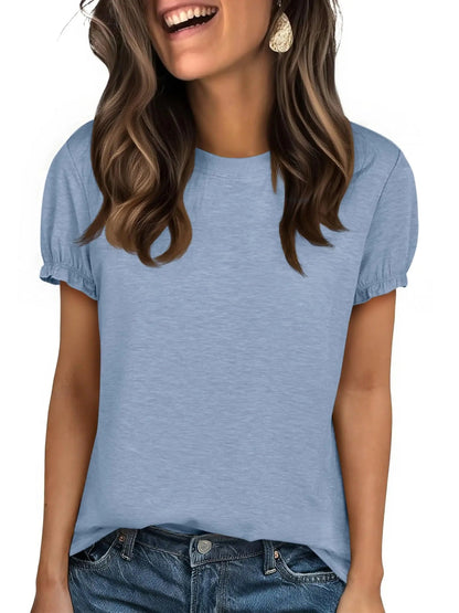 Women's Crew Neck Puff Sleeve Casual T-Shirt