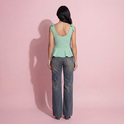 Sleeveless Peplum Top with Bow Shoulder Ties