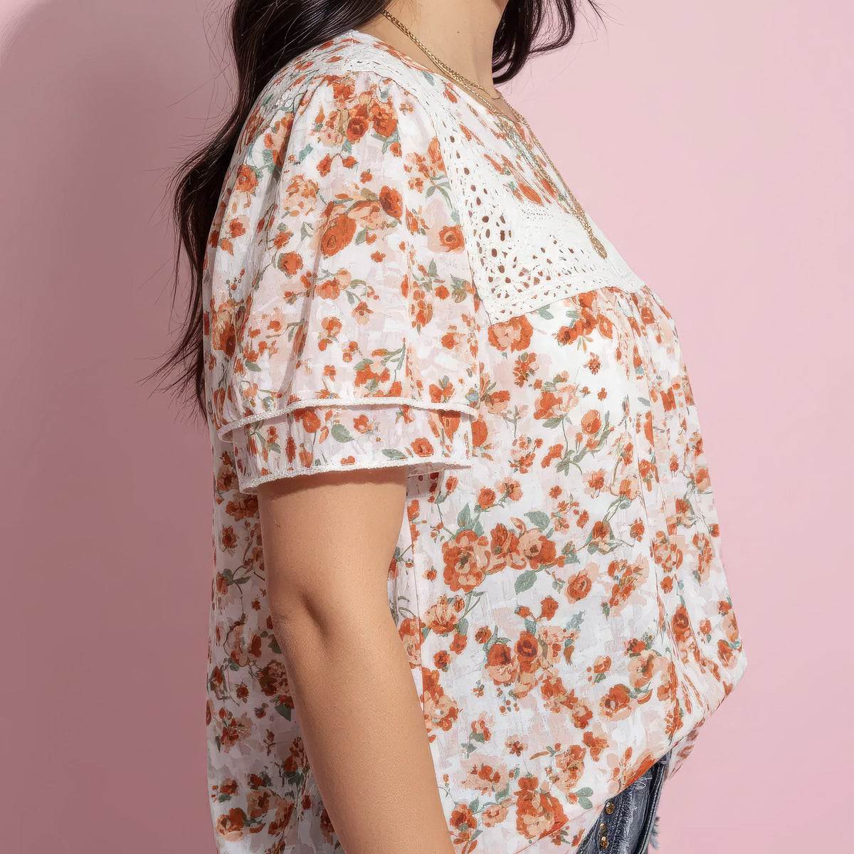 Contrast Lace Trim Mock Neck Printed Blouse