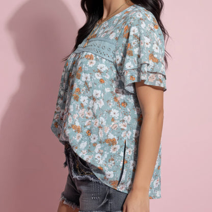 Contrast Lace Trim Mock Neck Printed Blouse