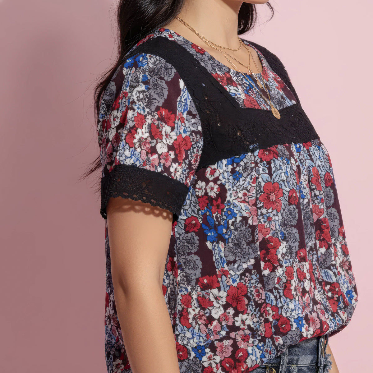 Contrast Lace Trim Mock Neck Printed Blouse