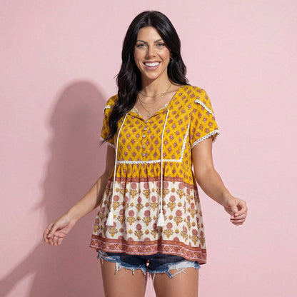 Crochet Trim Floral Boho Blouse