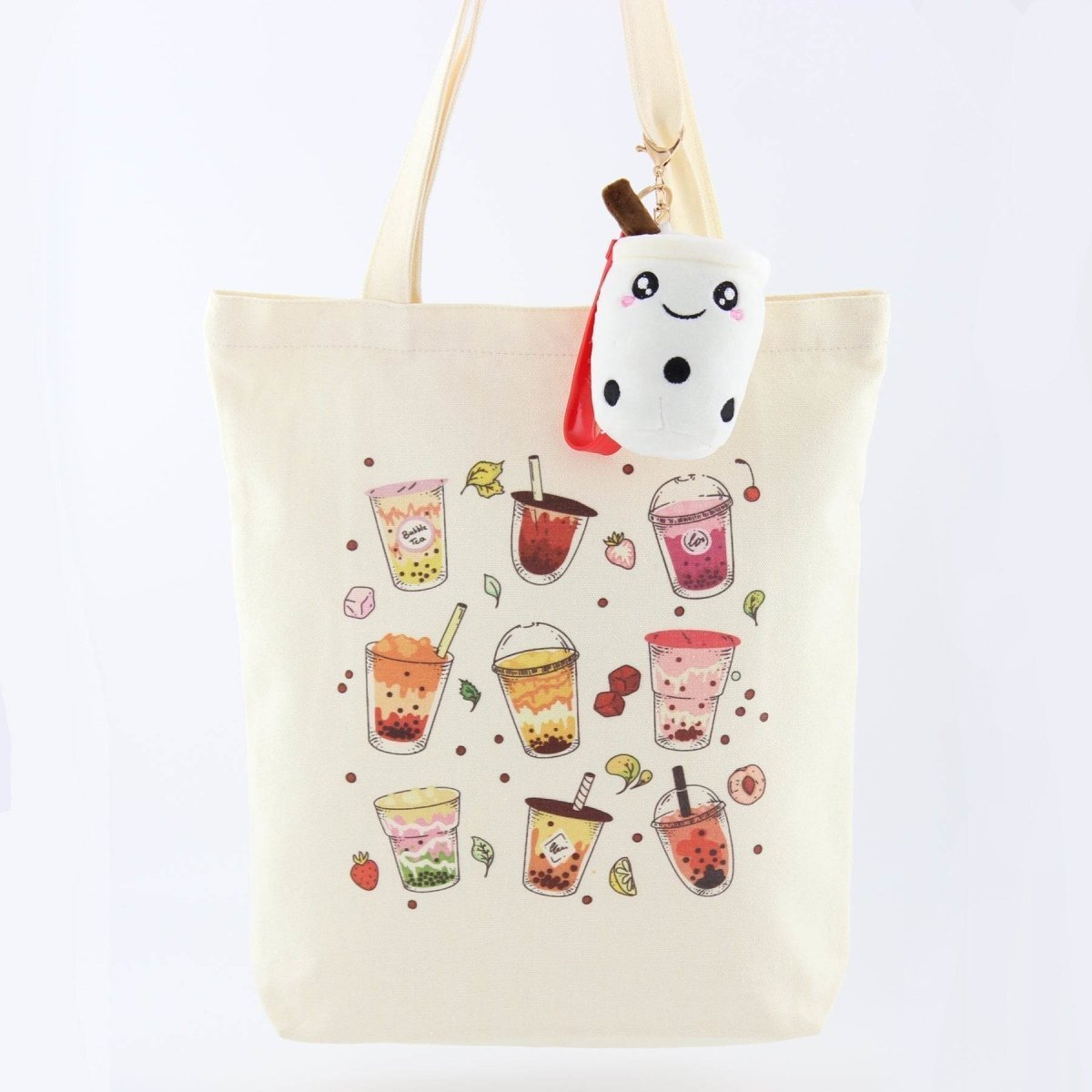 Boba Tea Tote Bag – Cream Canvas with Keychain & Enamel Pin