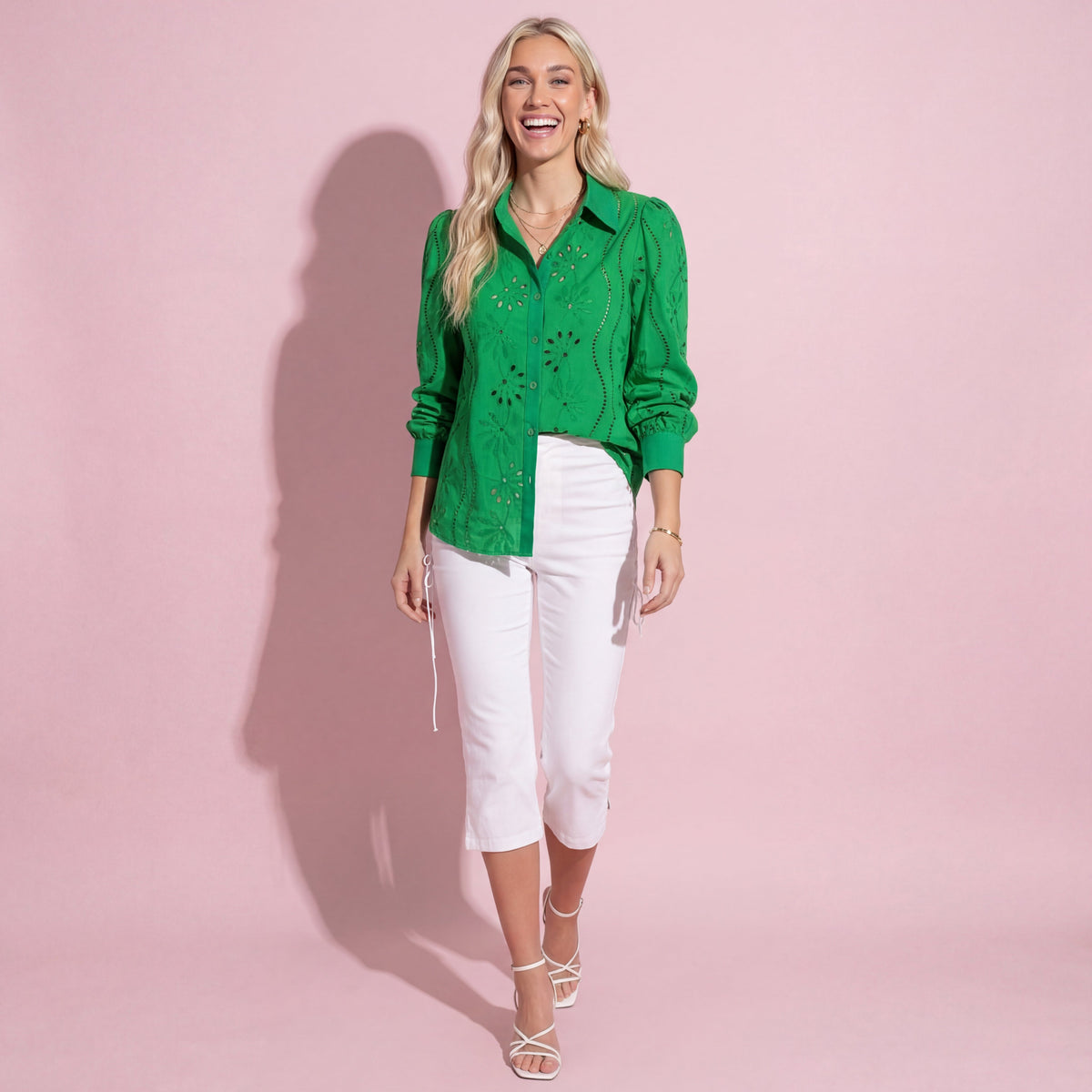 Anna-Kaci Women's Embroidered Eyelet Long Sleeve Button-Up Blouse