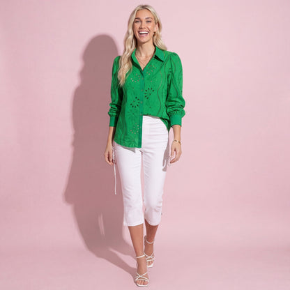 Anna-Kaci Women's Embroidered Eyelet Long Sleeve Button-Up Blouse