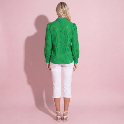 Anna-Kaci Women's Embroidered Eyelet Long Sleeve Button-Up Blouse