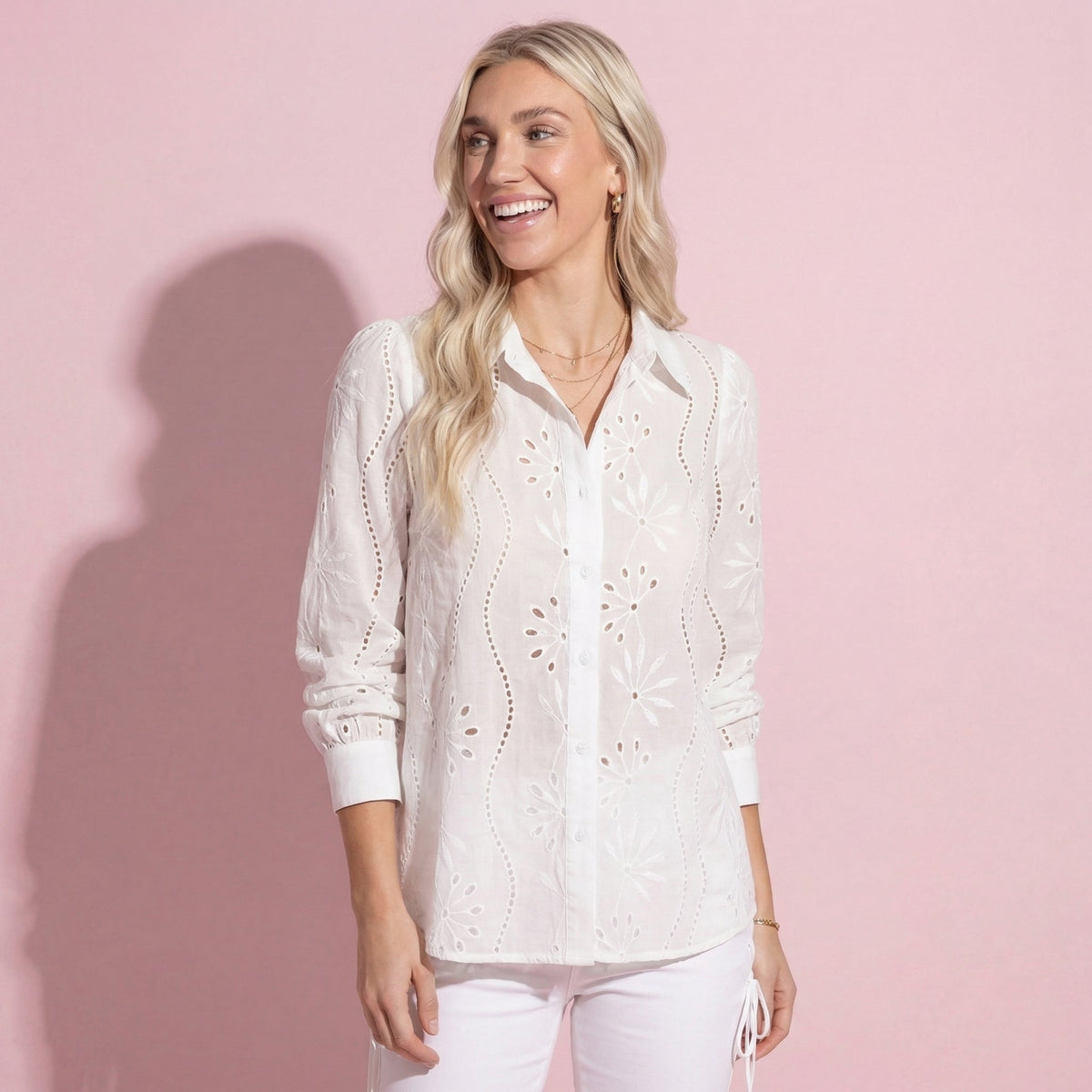 Anna-Kaci Women's Embroidered Eyelet Long Sleeve Button-Up Blouse