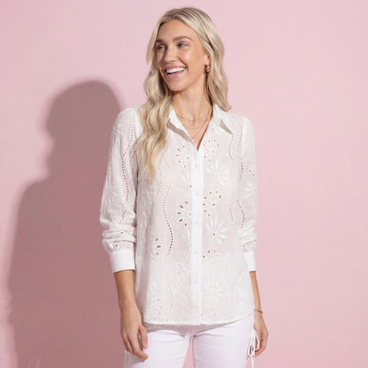 Anna-Kaci Women's Embroidered Eyelet Long Sleeve Button-Up Blouse