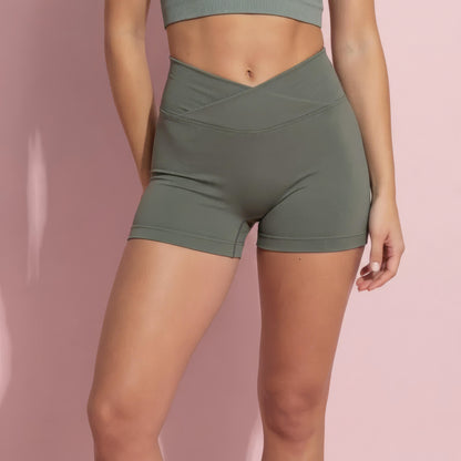 Anna-Kaci Active Women's High Waist Seamless Ribbed Biker Shorts with Crossover Waistband and Compression Fit