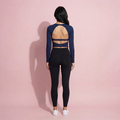 Anna-Kaci Active Women's Long Sleeve Cropped Sports Top with Open Back and Crisscross Strap Detail