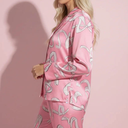 Anna-Kaci Lounge Women's 2-Piece Set Long Sleeve Button Front Pajama Set with Ribbon Print and Soft Silky Fabric for Relaxed Comfort
