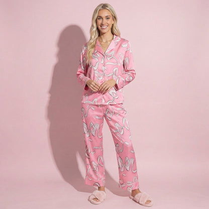 Anna-Kaci Lounge Women's 2-Piece Set Long Sleeve Button Front Pajama Set with Ribbon Print and Soft Silky Fabric for Relaxed Comfort