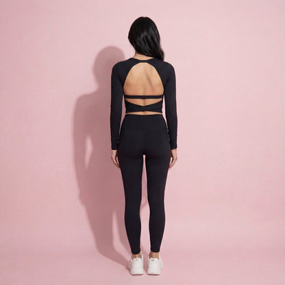 Anna-Kaci Active Women's Long Sleeve Cropped Sports Top with Open Back and Crisscross Strap Detail