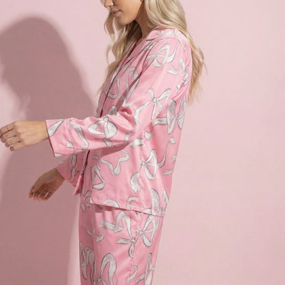 Anna-Kaci Lounge Women's 2-Piece Set Long Sleeve Button Front Pajama Set with Ribbon Print and Soft Silky Fabric for Relaxed Comfort