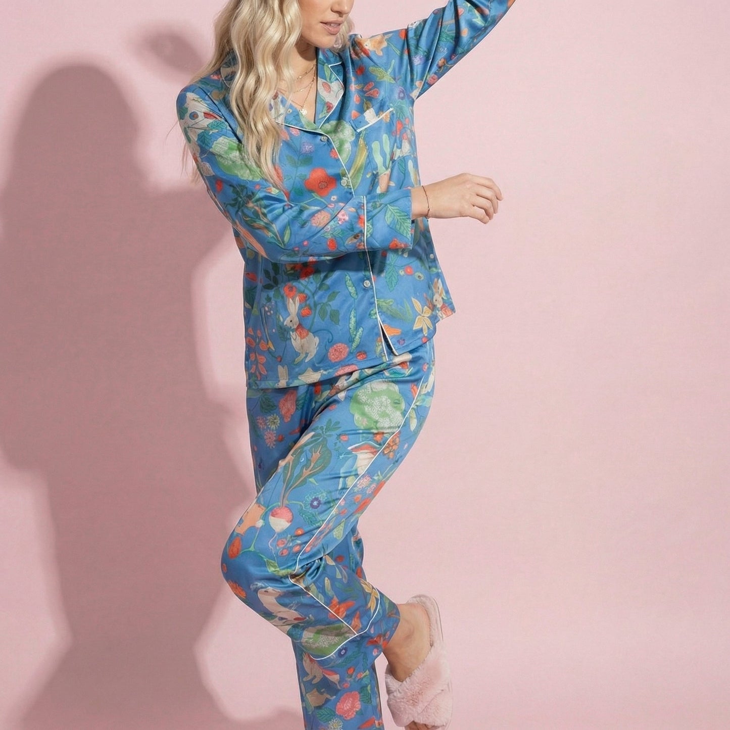 Anna-Kaci Lounge Women's 2-Piece Set Long Sleeve Button Front Pajama Set with Botanical Animal Print and Soft Silky Fabric for Relaxed Comfort