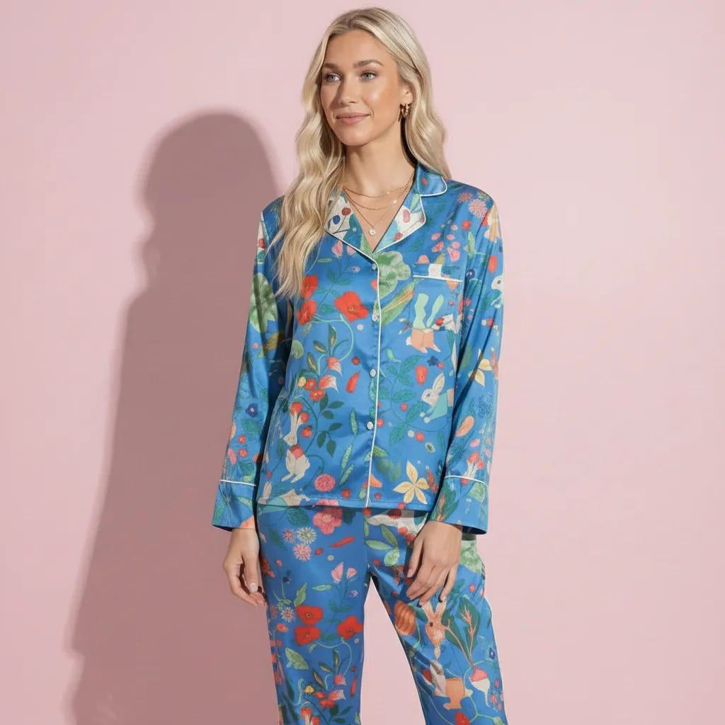 Anna-Kaci Lounge Women's 2-Piece Set Long Sleeve Button Front Pajama Set with Botanical Animal Print and Soft Silky Fabric for Relaxed Comfort