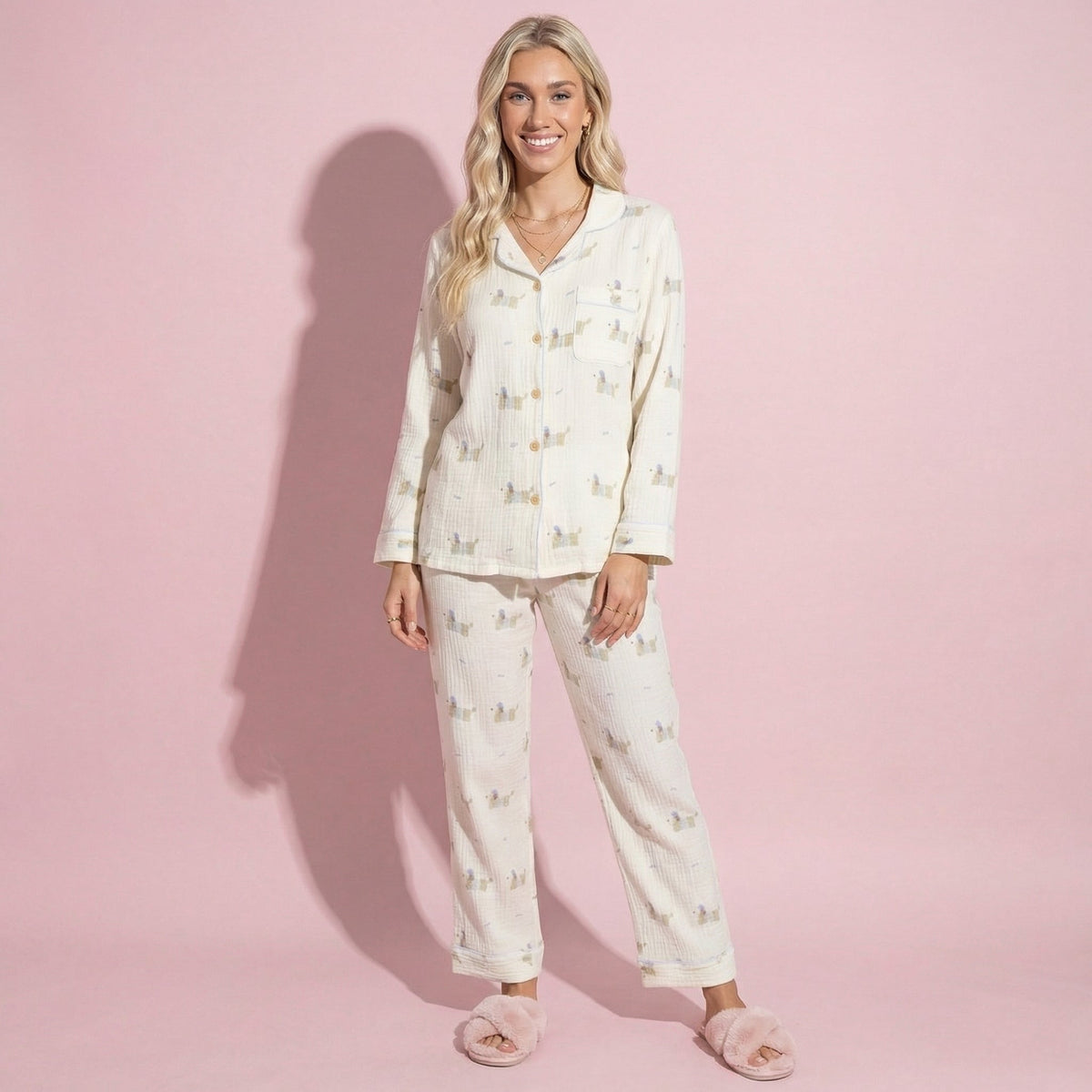 Anna-Kaci Lounge Women's 2-Piece Set Long Sleeve Button Front Top and Relaxed Fit Pants Pajama Set with Dog Print