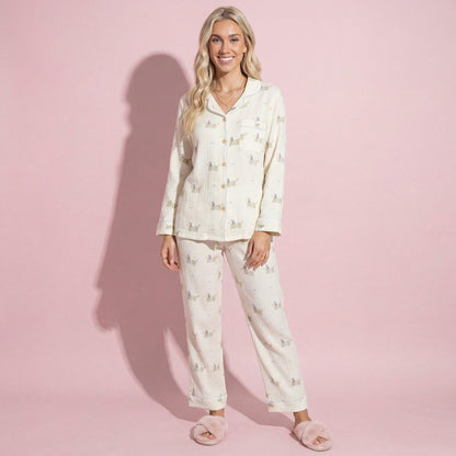 Anna-Kaci Lounge Women's 2-Piece Set Long Sleeve Button Front Top and Relaxed Fit Pants Pajama Set with Dog Print