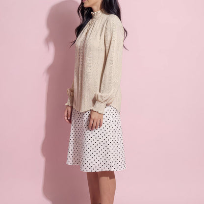 Anna-Kaci Women's Long Sleeve Textured Blouse with Smocked High Neckline and Cuffed Sleeves