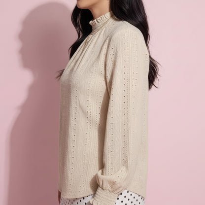 Anna-Kaci Women's Long Sleeve Textured Blouse with Smocked High Neckline and Cuffed Sleeves