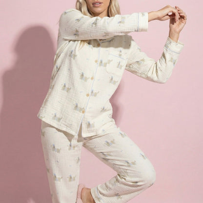 Anna-Kaci Lounge Women's 2-Piece Set Long Sleeve Button Front Top and Relaxed Fit Pants Pajama Set with Dog Print