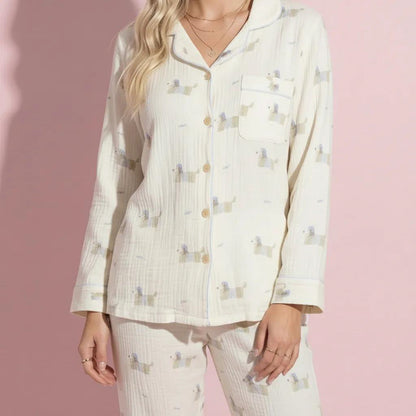 Anna-Kaci Lounge Women's 2-Piece Set Long Sleeve Button Front Top and Relaxed Fit Pants Pajama Set with Dog Print