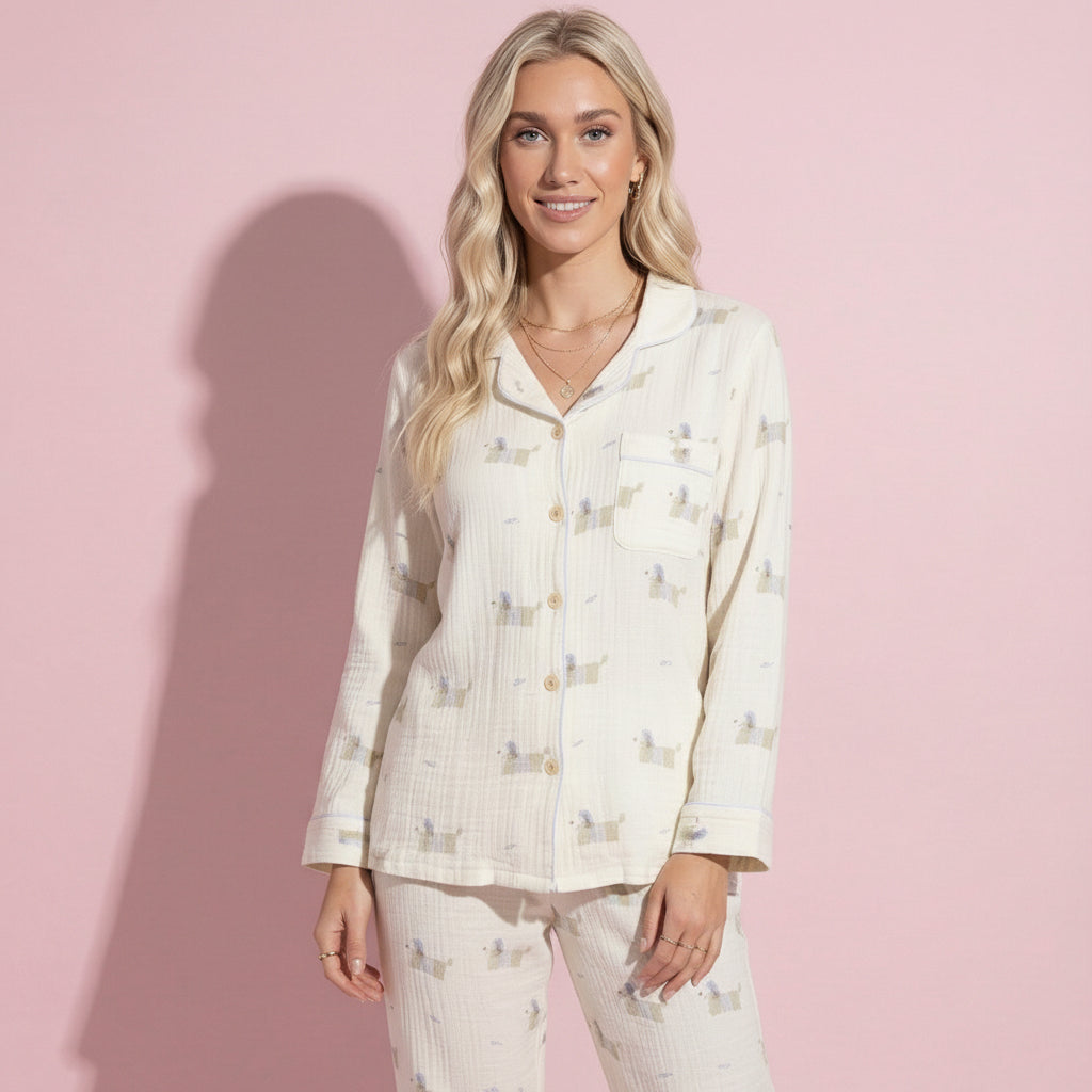 Anna-Kaci Lounge Women's 2-Piece Set Long Sleeve Button Front Top and Relaxed Fit Pants Pajama Set with Dog Print