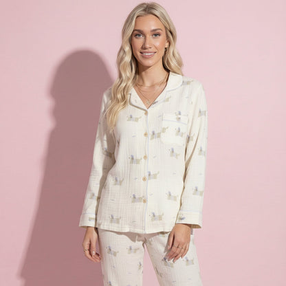 Anna-Kaci Lounge Women's 2-Piece Set Long Sleeve Button Front Top and Relaxed Fit Pants Pajama Set with Dog Print