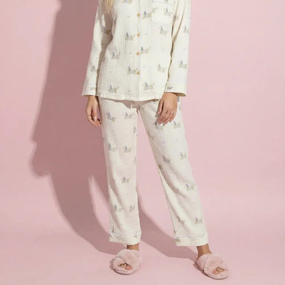 Anna-Kaci Lounge Women's 2-Piece Set Long Sleeve Button Front Top and Relaxed Fit Pants Pajama Set with Dog Print