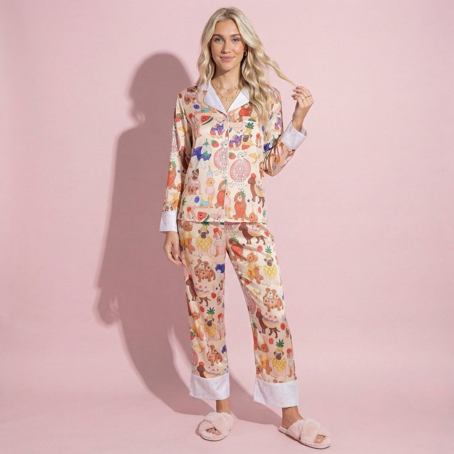 Anna-Kaci Lounge Women's 2-Piece Set Long Sleeve Button Front Top and Relaxed Fit Pants Pajama Set with Fun Dog Print